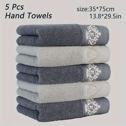 5 soft cotton hand towels with crown embroidery, quick-dry, absorbent, thick (35x75cm) for bathroom, shower, hotel, gym, spa. Available in dark gray, light gray, white, beige, teal blue. Can also be used as bath towels.