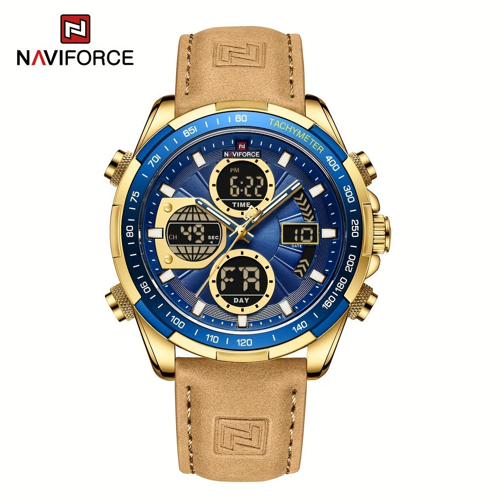 NAVIFORCE Men's Luxury Sports Quartz Watch - Waterproof, Genuine Leather Strap, Dual Display with Date & Chronograph Functions, Stainless Steel Case, Green Accents, Tachymeter Equipped