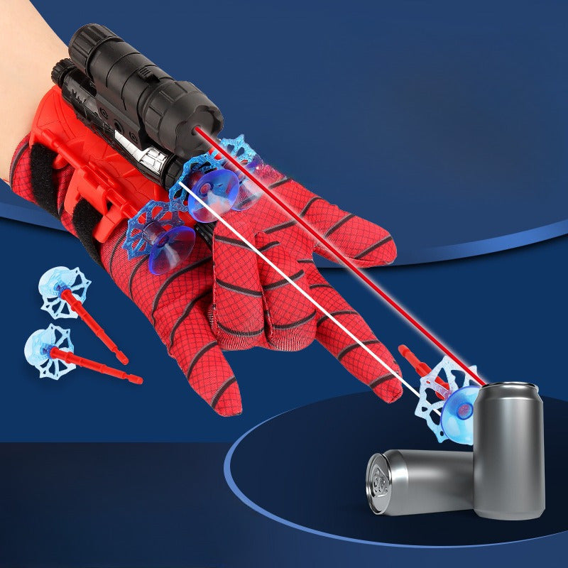 Spider Launcher toy for ages 3 and up, featuring a mixed color plastic spider glove with suction darts and web-shooting action.