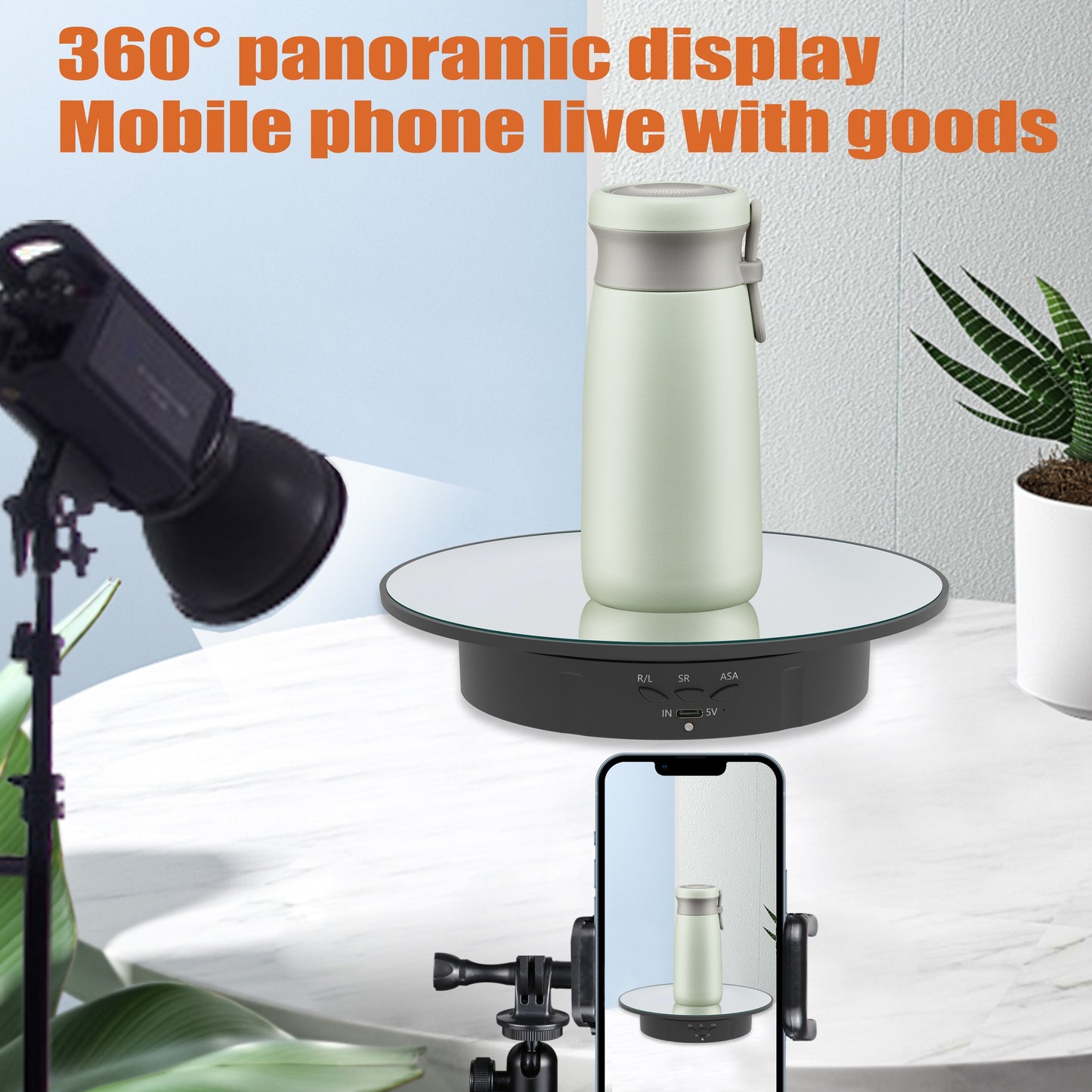 Motorized rotating display stand with 19.99cm pedestal, 360° adjustable speed, 7.71 KG load capacity. Suitable for photography, jewelry, and 3D model exhibitions. Can be powered by USB or