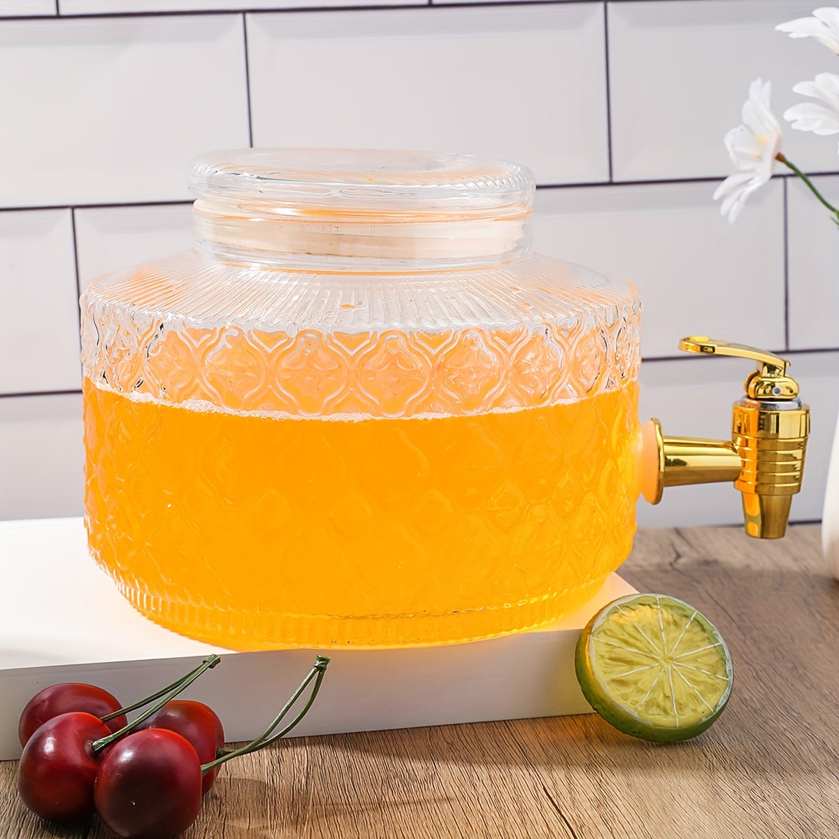 Large capacity glass beverage dispenser with spigot for serving cold drinks. This transparent thickened drink container is perfect for fruit juice, iced tea, and cocktails. Take it anywhere as a portable refrigerator drink dispenser.