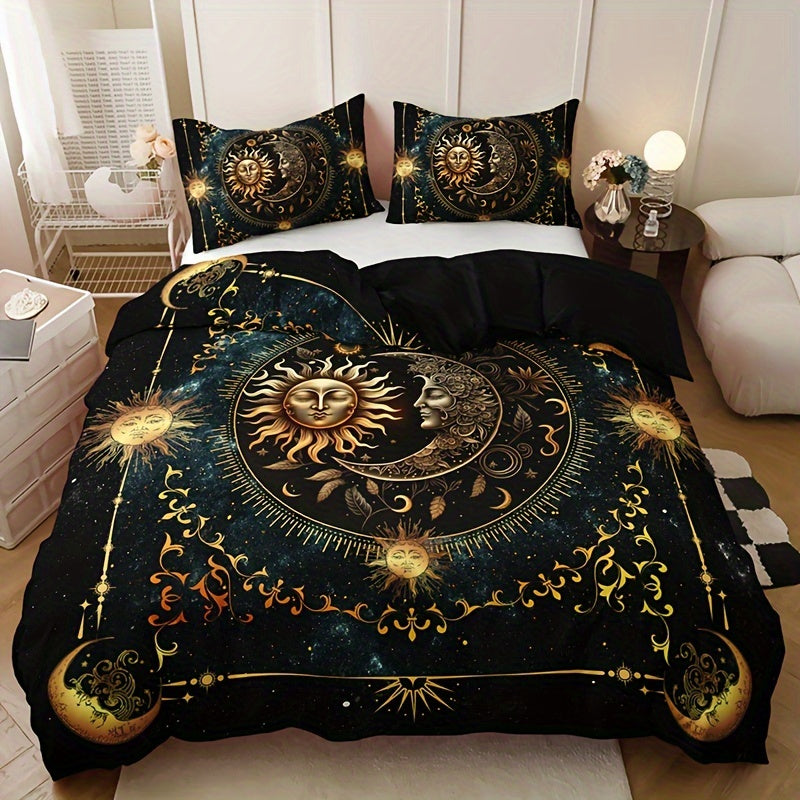 Golden Astrological Design 3 Piece Sun and Moon Celestial Digital Print Duvet Cover Set made of 100% Polyester. Machine Washable, Breathable Fabric for All-Season Comfort. Set includes 1 Duvet Cover and 2 Pillowcases (No Insert). Perfect Christmas