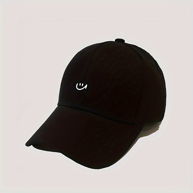 Women's Adjustable Baseball Cap with joyful Face Print - Lightweight, Breathable Polyester, Black with White Stitching, Ideal for Outdoor Sports & Casual Wear