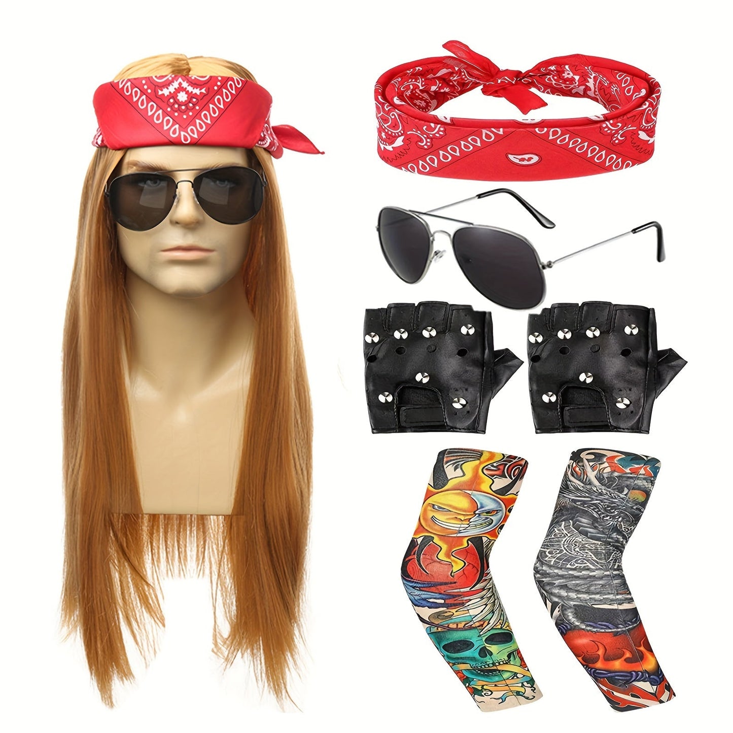 Get ready to rock with this Retro Rocker Costume Set, perfect for both men and women! This set includes 7 pieces that will transform you into a 70s/80s heavy metal hippie. Complete with a wig, bandana, fashion glasses, punk gloves, and tattoo sleeves