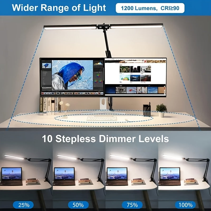 Ultra Wide Double Head LED Desk Lamp with Clamp, 3 Color Modes, 10 Stepless Dimmable, USB Powered