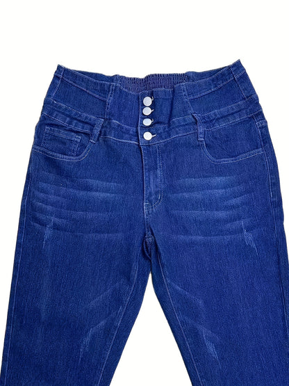 High-waisted skinny jeans with button detail for plus size women, in blue denim.