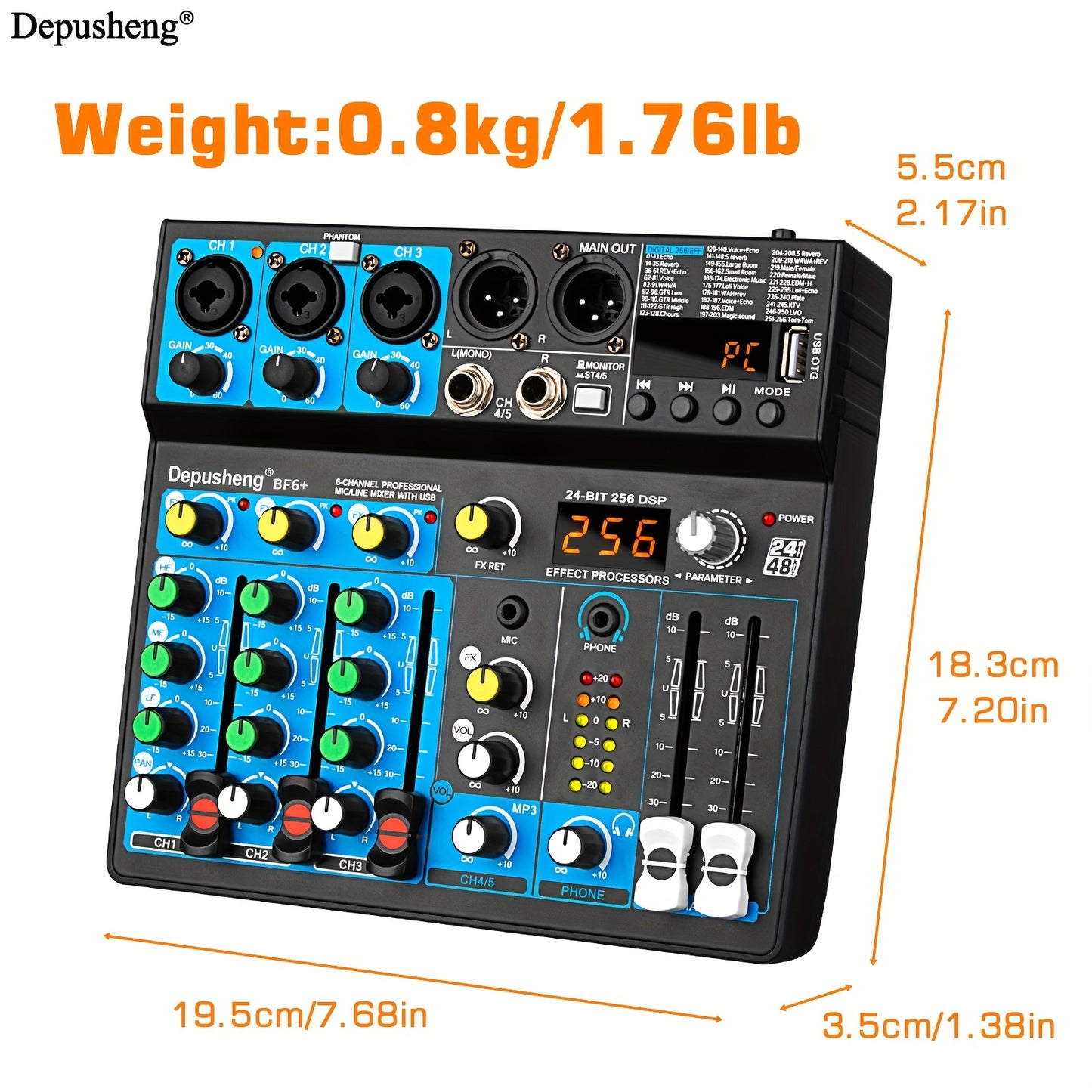 DEPUSHENG 6 Channel DJ Mixer with USB MP3 input, suitable for podcasts, studio recordings, gaming, and ambient sound.