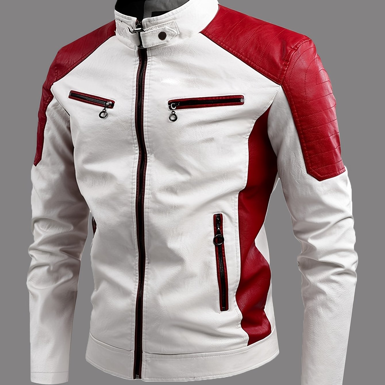 Men's Slim-Fit Color Block Jacket with Stand Collar, Zipper, Multiple Pockets, White & Red Design for Fall/Winter/Autumn.