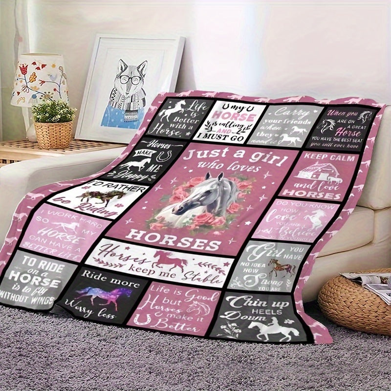 Elegant Horse-Inspired Flannel Throw Blanket in Glam Style - Perfect for Horse Lovers' Birthdays! Made of 100% Polyester, Hypoallergenic, All-Season, Knitted Design with Digital Print. Recommended for Dry Cleaning. Great Equestrian Gift Idea for Girls