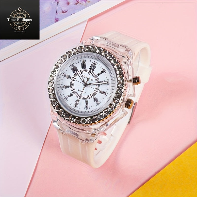 Glow-in-the-Dark Silicone Watch with Rhinestone Accents, LED Time Display for Men, Women, & Youngsters, Quartz Movement, Casual Fashion Accessory, Fun Nightwatch, Analog Display, Silicone