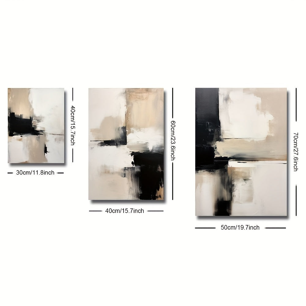 3 contemporary abstract canvas prints in black and beige for modern home decor - suitable for living room, bedroom, or office. Frame not included.