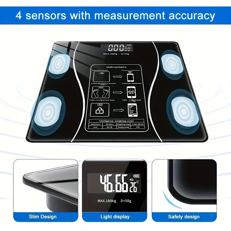 Smart weight scale with wireless connectivity and battery power, suitable for home and office use. Includes AAA non-rechargeable battery, perfect as a holiday gift.