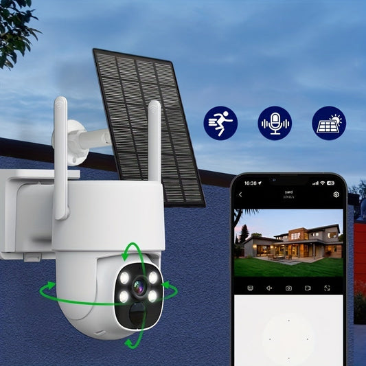 Outdoor Wireless Security Camera with Solar Power, 4MP WiFi Battery-Powered, Two-Way Audio, Motion Detection, 360° View, Easy Installation, Color Night Vision, SD/Cloud Storage Support (Not Included), Waterproof IP65, Camera