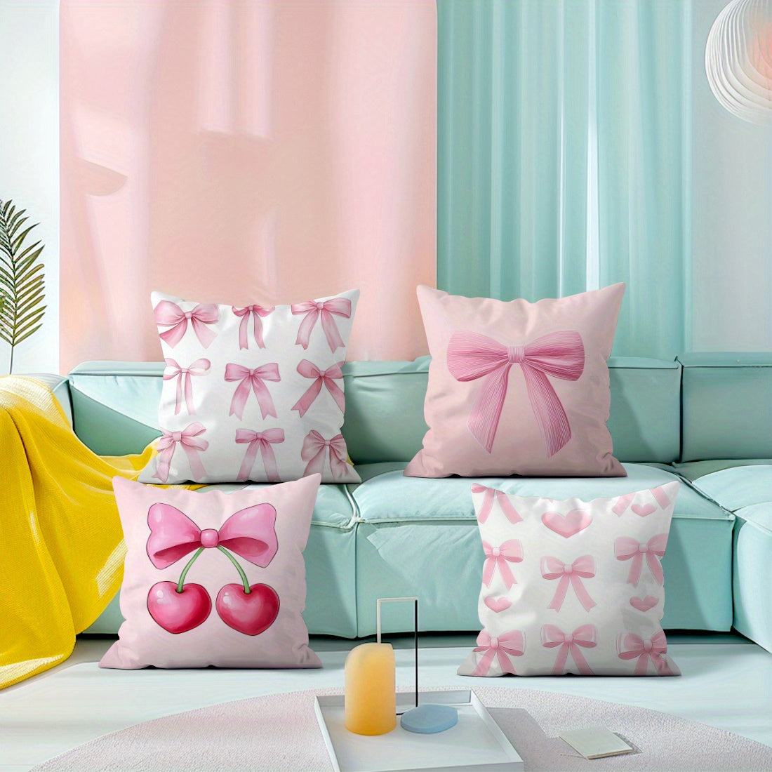 4 pink bow pillow covers for sofa, 45*45cm, single-sided print, peach skin material