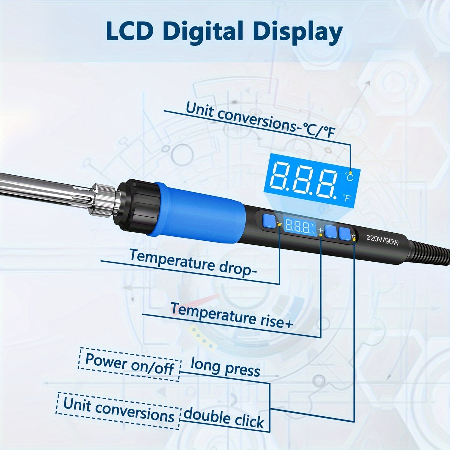 ILIBILIB 90W Smart Soldering Iron Kit with LCD Display, Adjustable Temperature, Rapid Heat, Non-Slip Grip, Ideal for DIY & Repairs, Blue