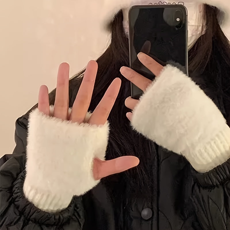 Acrylic Plush Fingerless Mittens for Women - Stay Warm and Stylish with this Cute and Cozy Pair, Perfect for Office, Study, or Casual Weekends. Features Knitted Elastic Wrist for a Comfortable Fit. Hand Washable and Ski-Ready for Your Winter Adventures.