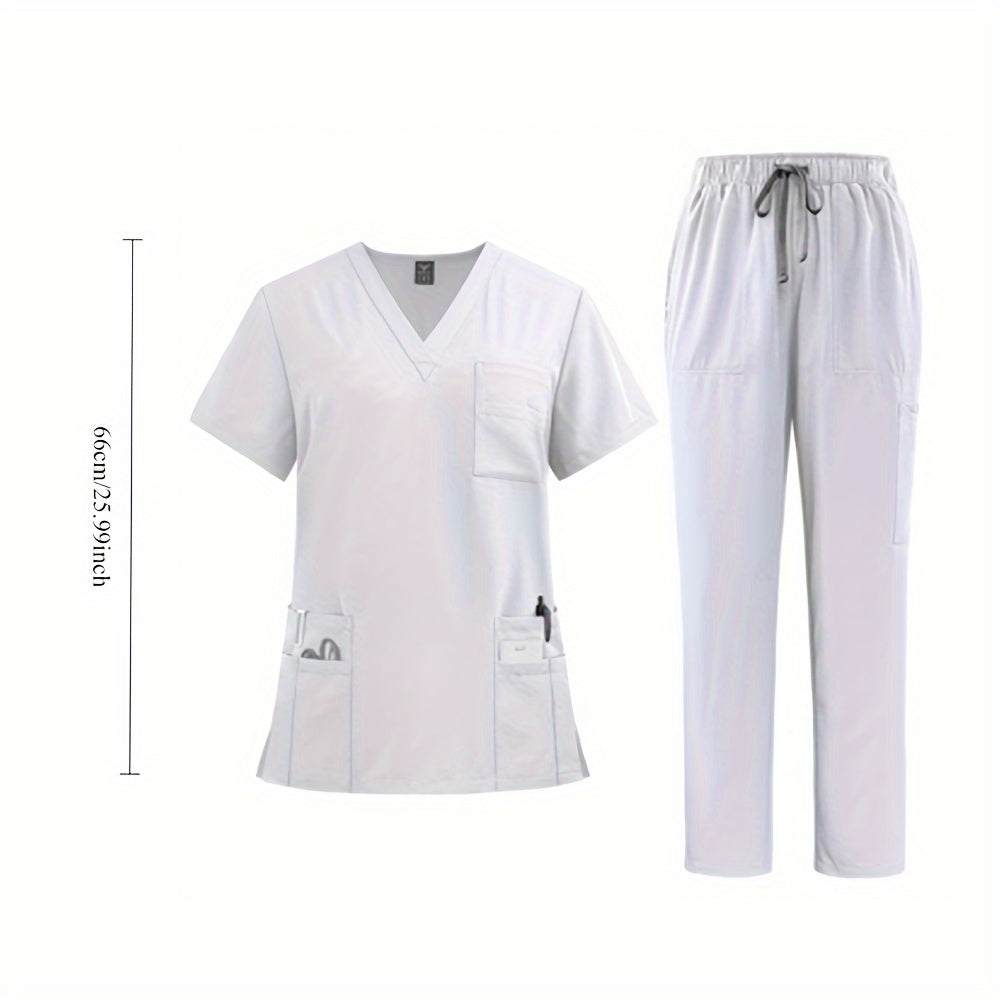 Women's polyester fitted workwear with patch pockets, straight leg pants for doctors and nurses, machine woven.