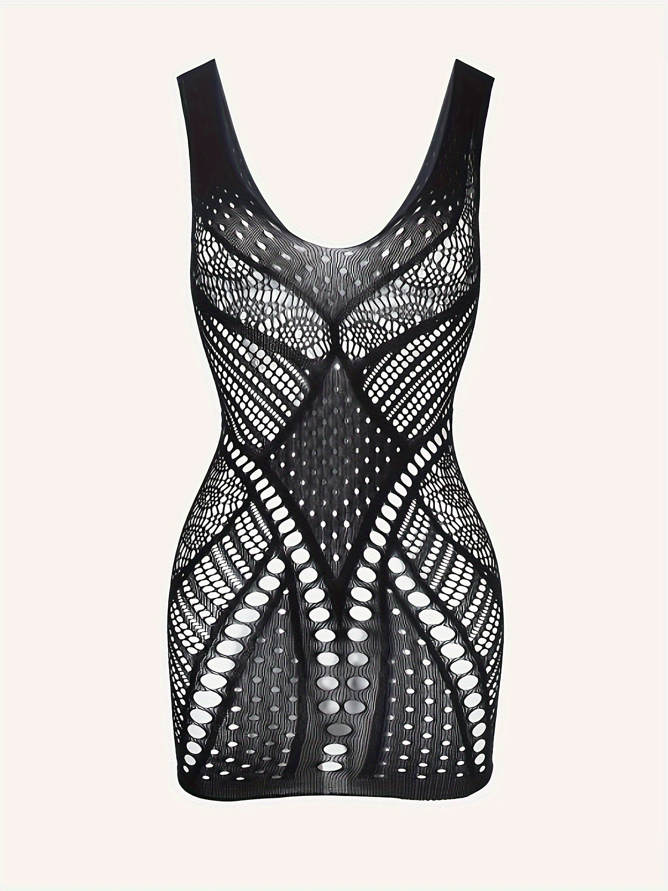 Sultry see-through mesh dress with plunging neckline, perfect for sexy lingerie or underwear.