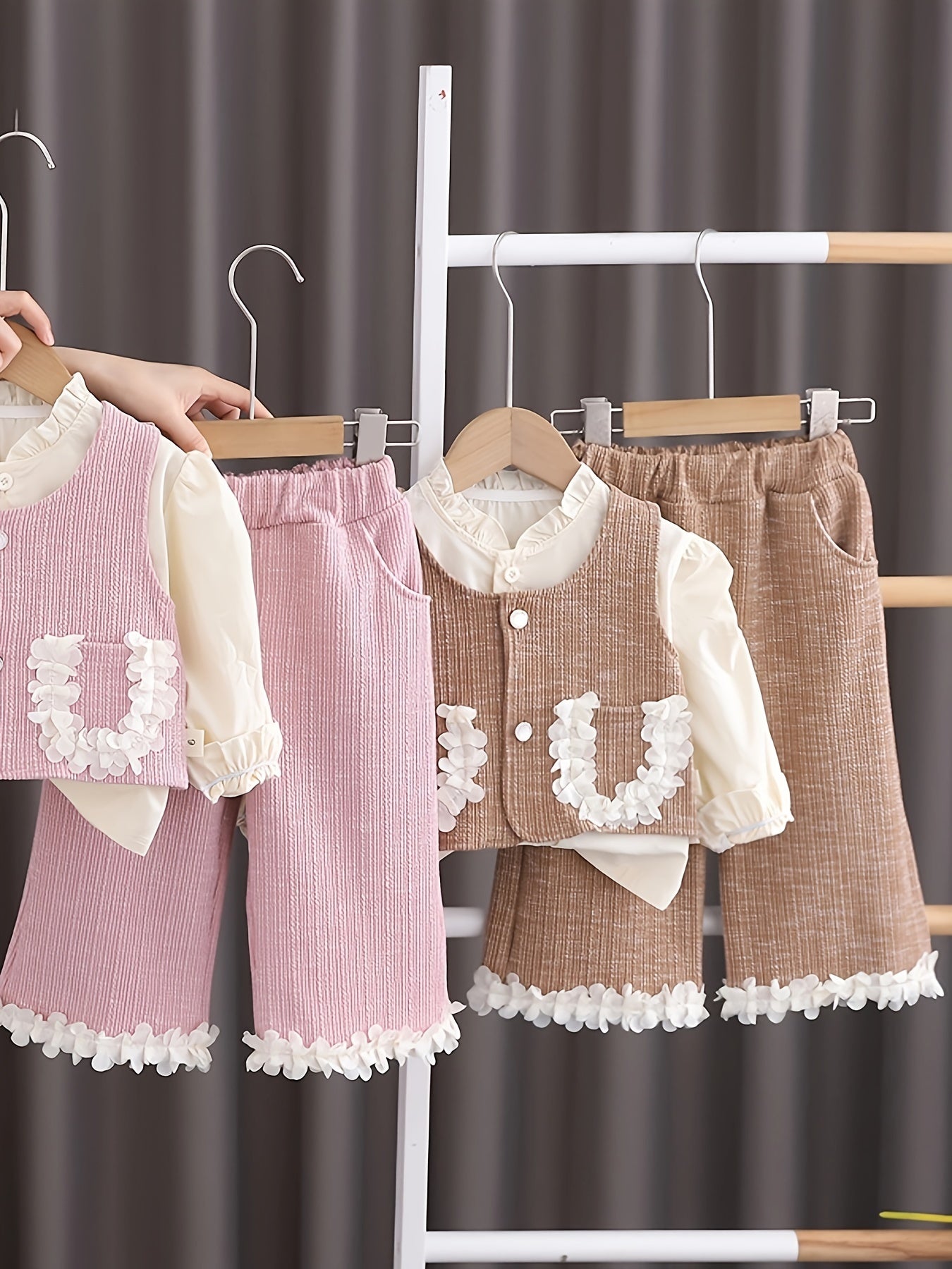 Girls' Autumn Outfit: Shirt, Vest with Lace Pockets, Trousers Set