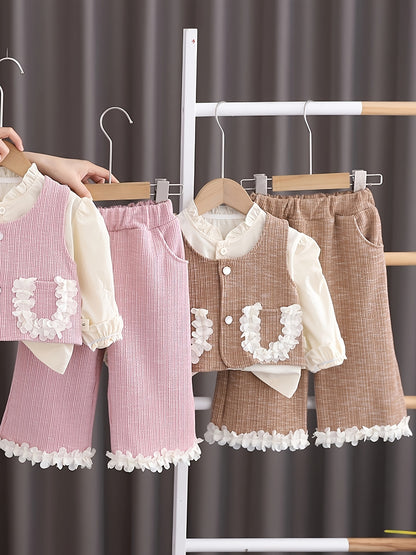 Girls' Autumn Outfit: Shirt, Vest with Lace Pockets, Trousers Set