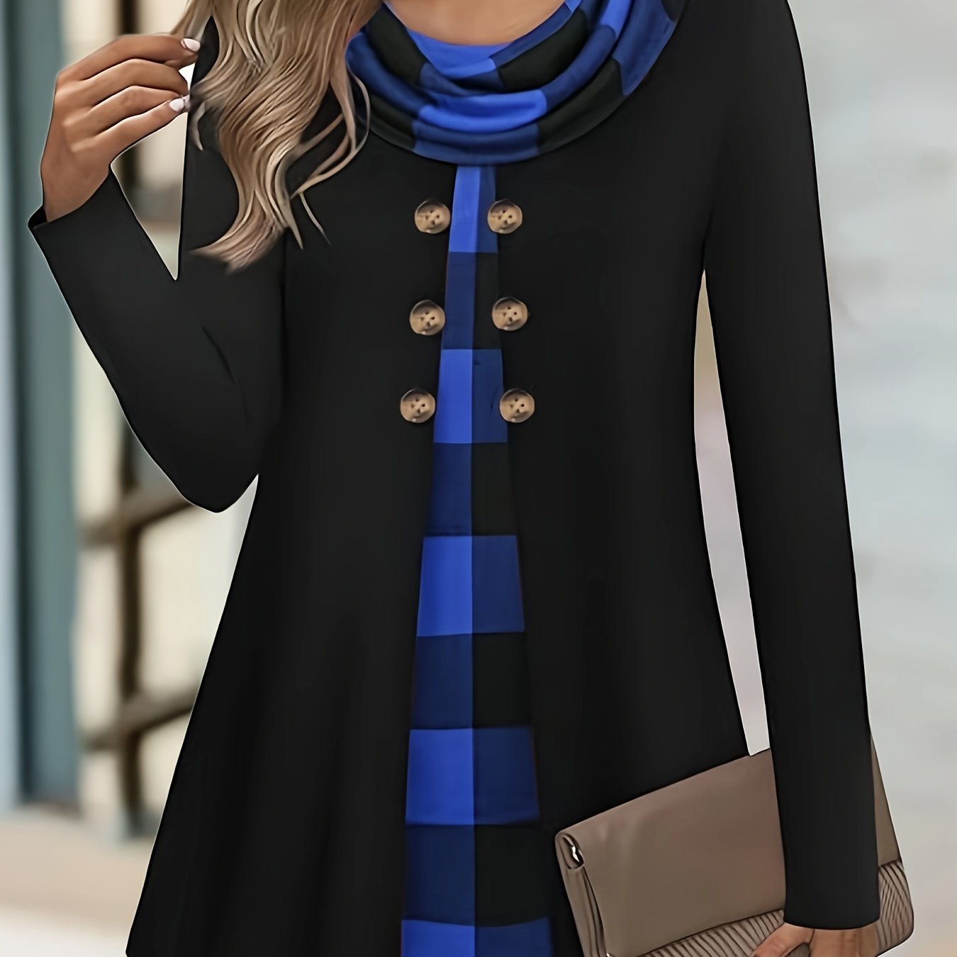 2-in-1 Plaid Print T-Shirt with Cowl Neck and Button Details for Plus Size Women