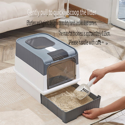 Enclosed cat litter box with deodorizing system made of PP material, fully sealed design for odor control, compatible with carbon transport, suitable for all cat breeds.