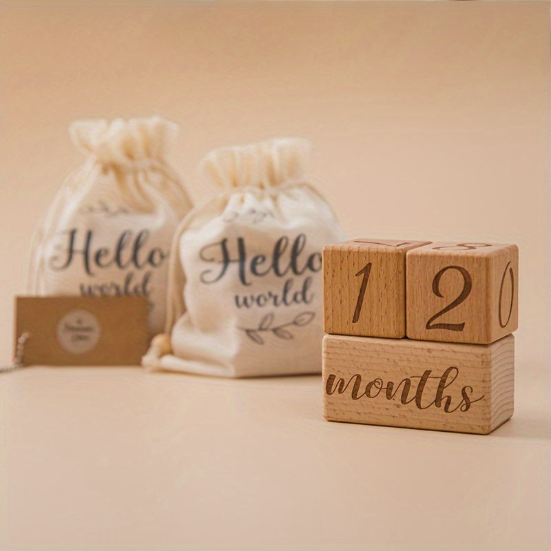 Wooden Milestone Blocks Set - Perfect for Full Moon Photo Props, Celebrating Growth Milestones, Preserving Birth Month Memories. The set includes light brown wood blocks and a cute "Hello World" drawstring bag.