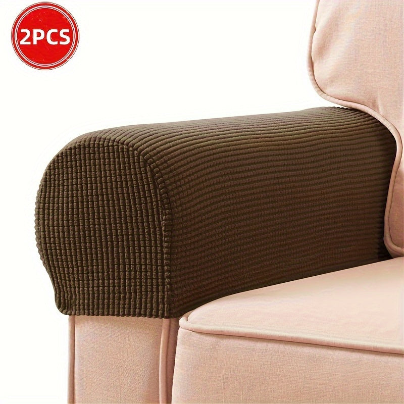 2 Stretch Armrest Covers made of durable spandex blend with plush texture. Scratch & dust resistant, and machine washable. Fits single to four-seater sofas & recliners in various colors.