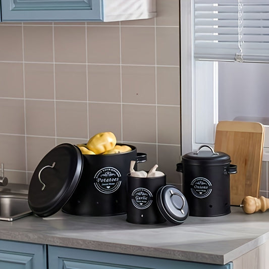 Durable 3-Piece Metal Kitchen Storage Canister Set with Ventilation for Garlic, Onions, Potatoes - Perfect for Food Preservation