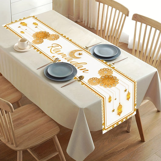 Polyester Ramadan table runner and flag featuring Eid Mubarak designs, perfect for home decorations and gifts during Ramadan and Eid Al-Fitr celebrations. Ideal for Islamic Muslim party