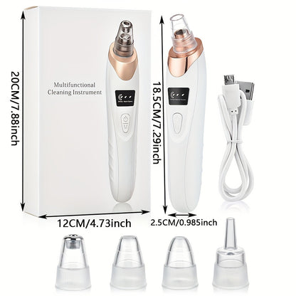 Sunhill Blackhead Remover Vacuum with 5 suction levels, USB charging, and 400mAh lithium polymer rechargeable battery. Includes 4 beauty heads for multifunctional cleaning.