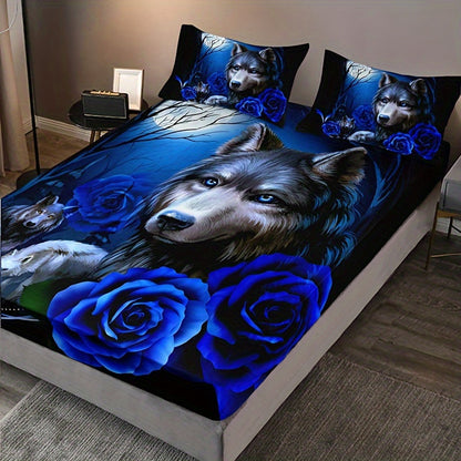 Set of 3 Mystical Wolf & Blue Rose Bedding - Includes Soft, Breathable Polyester Fitted Sheet and Pillowcases, High-Definition Digital Print, All-Season Comfort for Bedroom or Guest Room