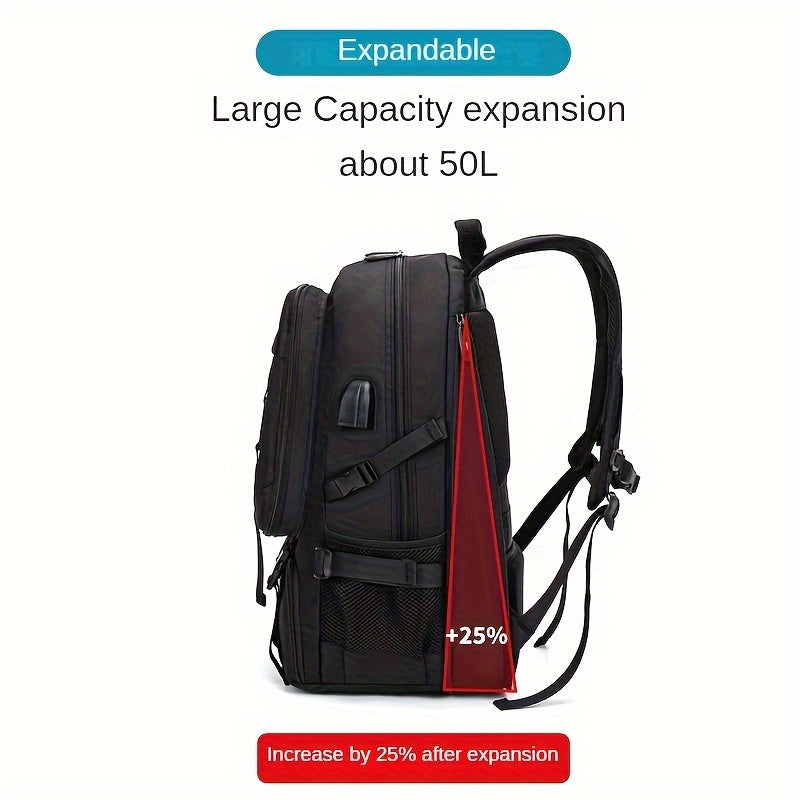 50-80L Travel backpack with shoe compartment, laptop sleeve, and expandable capacity, suitable for sports, hiking, short business trips.