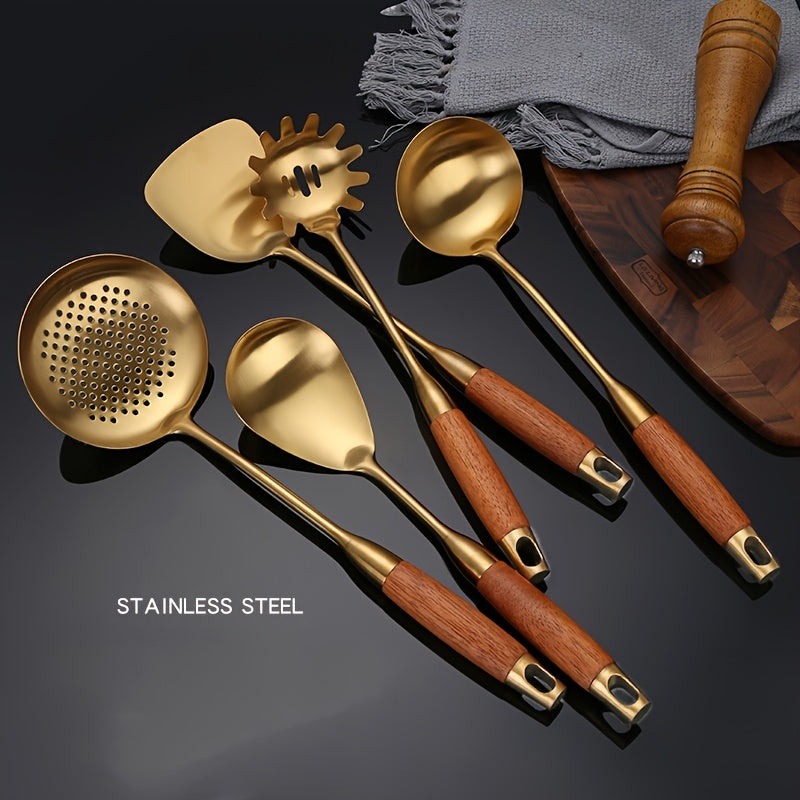 Luxurious Set of 6 Golden Stainless Steel Kitchen Utensils - Features Spatula, Ladle, Slotted Turner & More - Great for Cooking, Baking & Serving - Perfect Holiday Gift Idea