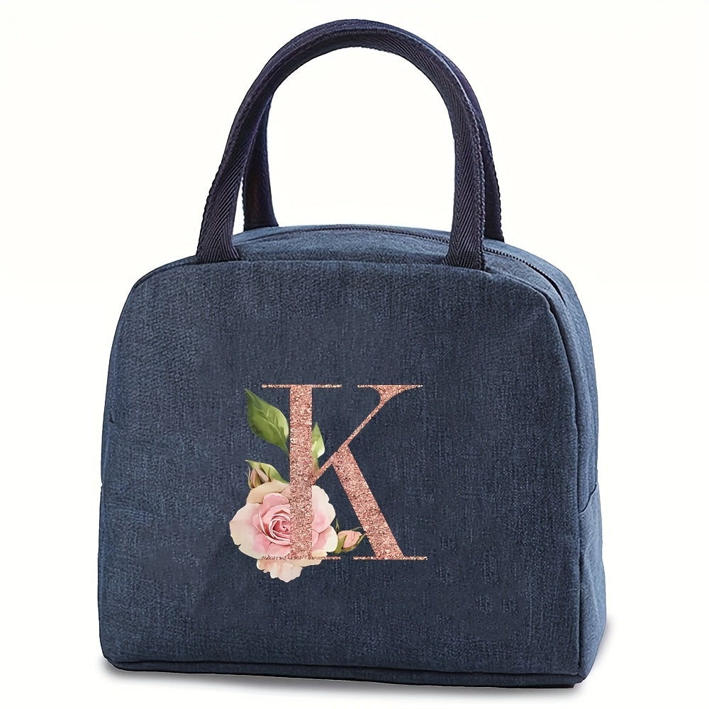 Insulated lunch bag with monogram, featuring a rose gold design. Made of waterproof, leakproof, BPA-free polyester material. Includes a square thermal food storage compartment with an ice compartment. Easily washable by hand. Perfect for school, office