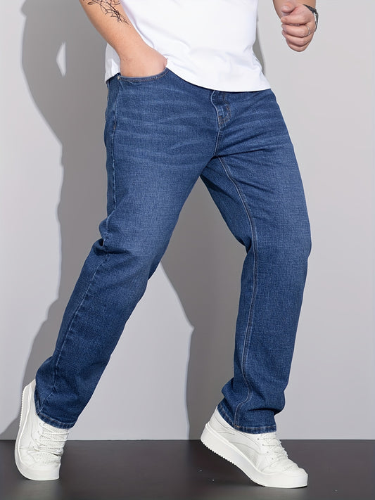 Men's plus size denim jeans with comfort flex, straight leg, washed detail, solid color, cotton blend with stretch.