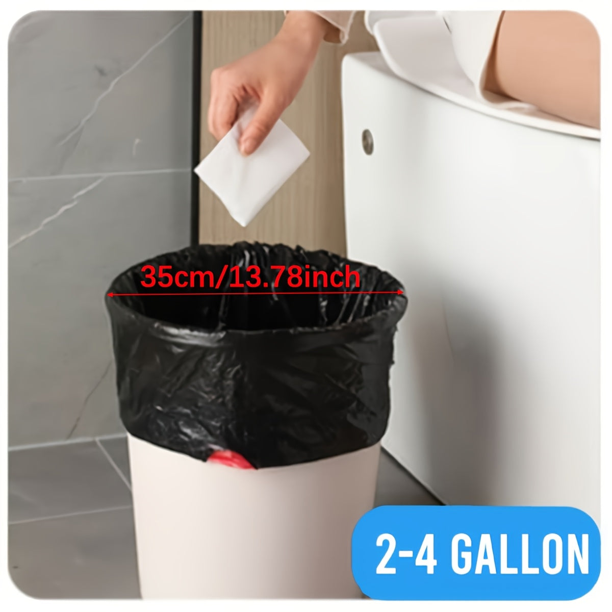 100 count heavy duty black trash bags with drawstrings, leak-proof, privacy-opaque, disposable plastic liners. Suitable for yard, industrial, construction, bathroom, and food waste disposal