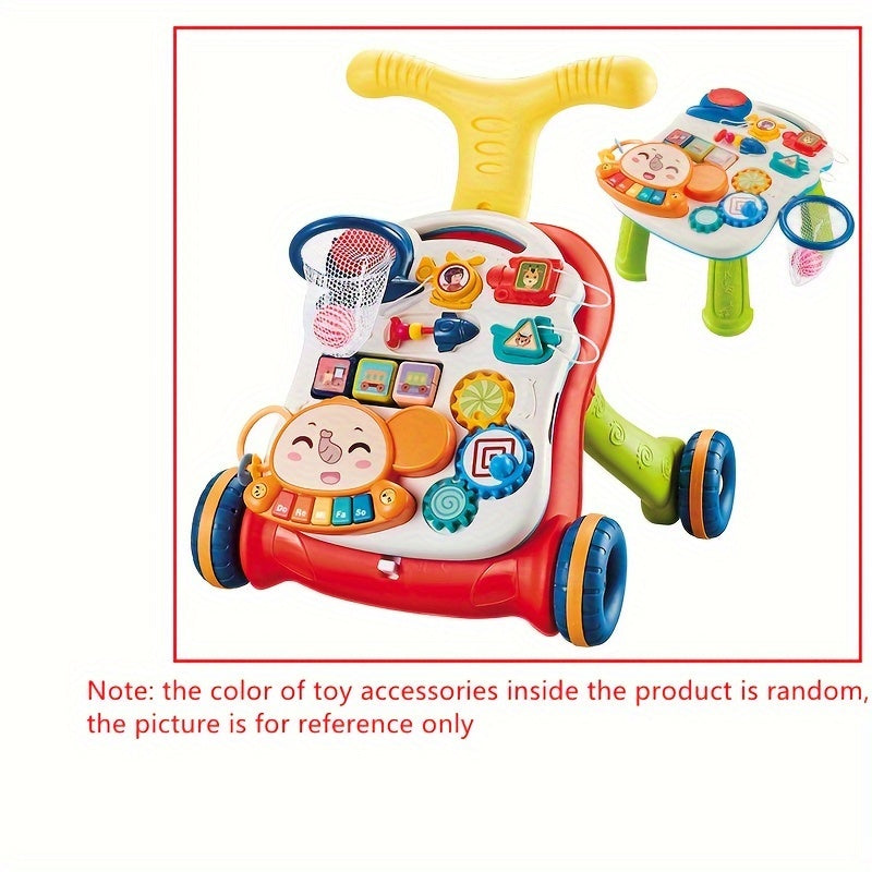 1 push walker toy set with music, gliding capabilities, anti-tumble feature, and multiple functions. Batteries not included. Color of internal toy accessories varies.