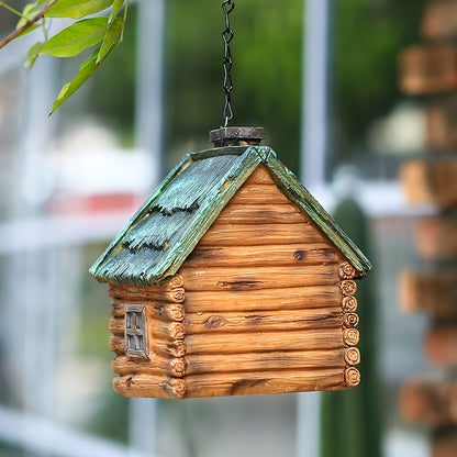 Wooden birdhouse with LED lights, ABS resin crafted, outdoor garden decor, winter nest for birds, hanging ornament.