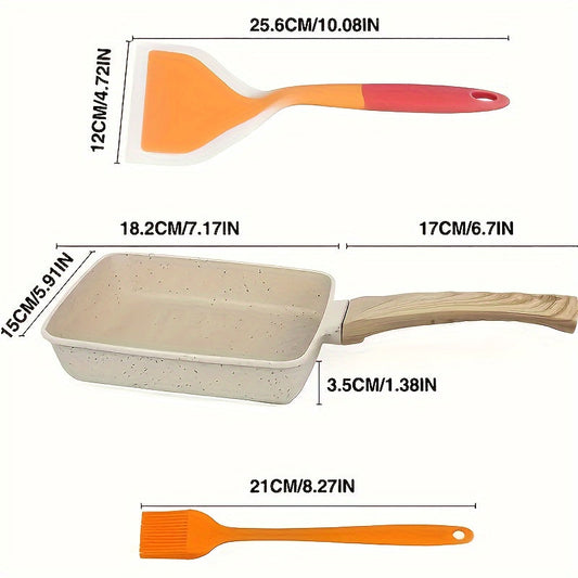 Set of non-stick aluminum frying pans with a Japanese-inspired design, complete with silicone spatula and oil brush. Ideal for cooking eggs, pancakes, BBQ dishes, and dumplings. Please hand wash only.