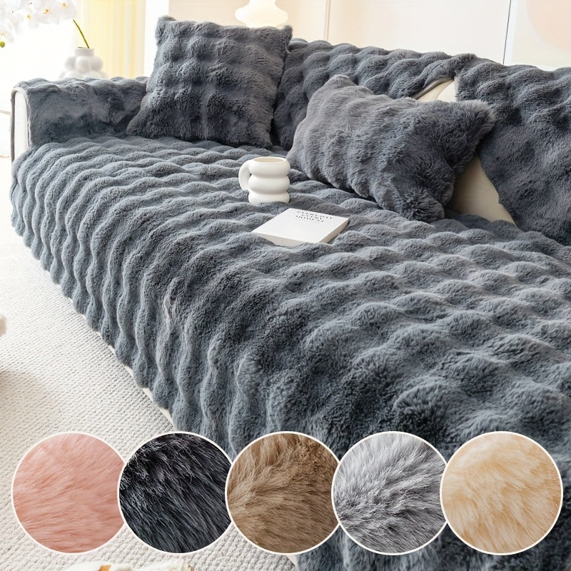 Imitation rabbit plush sofa cover for winter warmth, non-slip protection for furniture in home or office.