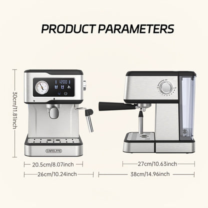 Programmable espresso machine with 20 bar pump, LCD touchscreen, stainless steel milk frother steam wand, and 1.5L water tank. Suitable for latte, cappuccino, Americano, and espresso.