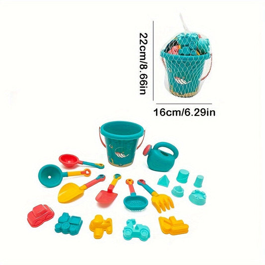 Beach toy set for kids with sand timer, big shovel, bucket, and other tools for playing in the water and sand. Great for babies and children.