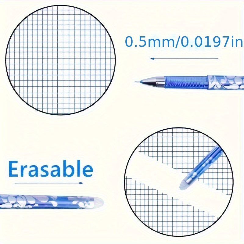 56 pc/set of erasable gel ink ballpoint pens with medium tip (0.5mm), washable handles, black & blue ink. Random eraser colors. Ideal for school and office supplies.