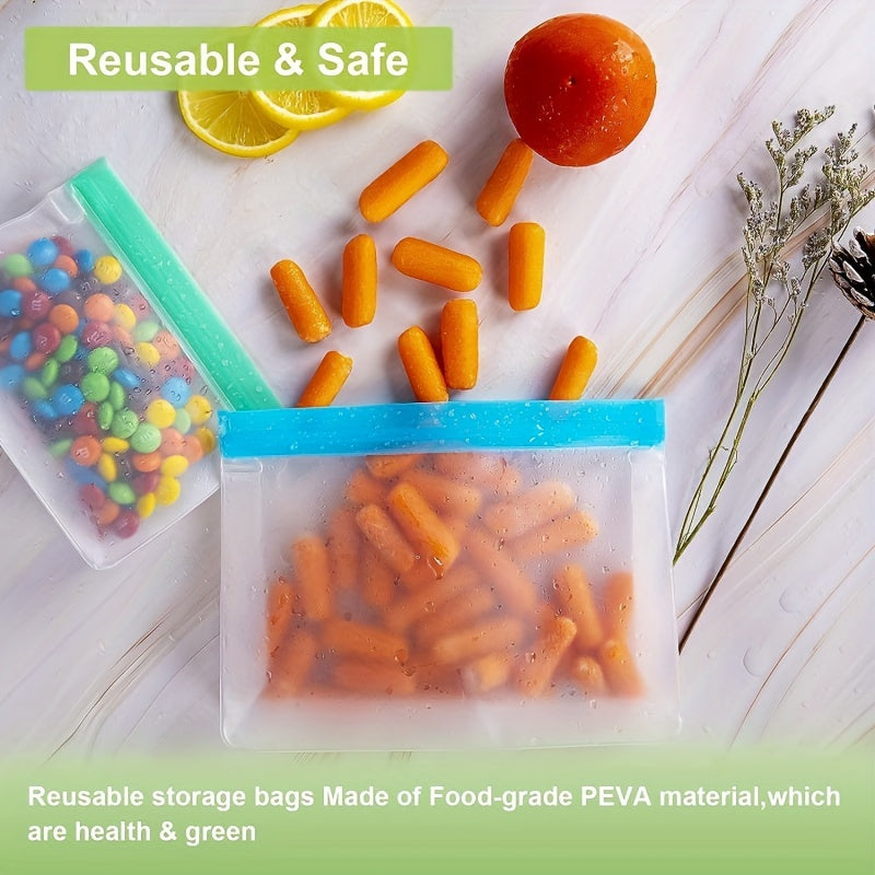 8 to 10 pieces of reusable storage bags in a pack, made of PEVA material that is free from Bisphenol A. These gallon-sized bags are leak-proof and vertical, perfect for storing food in the freezer. Also included are sandwich bags, travel snack bags, and