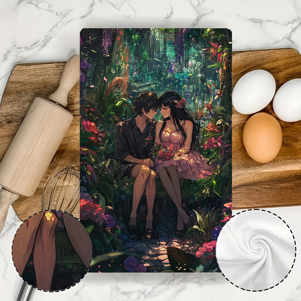 Set of 2 Kitchen Towels - Featuring an Anime Couple Sitting on a Heart Shaped Bench in a Botanical Garden Amidst Exotic Plants and Flowers. These Ultra Soft Towels Create a Luxurious and Romantic Atmosphere. Highly Absorbent and Perfect for Holiday