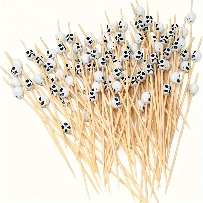 100 Skull Design Wooden Toothpicks, suitable for Halloween and Christmas parties, perfect for decorating, fruit skewers, appetizers and cocktail stirring.