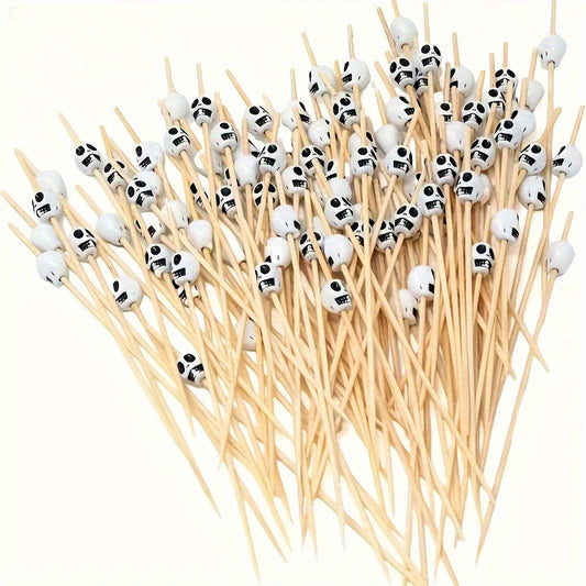 100 Skull Design Wooden Toothpicks, suitable for Halloween and Christmas parties, perfect for decorating, fruit skewers, appetizers and cocktail stirring.