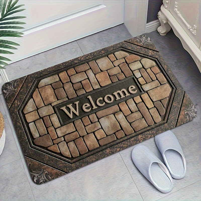 Polyester Welcome Doormat with Non-Slip Rubber Backing - Rectangle Entrance Carpet with Painted Brick Design (Pebble Pattern) - Machine Washable for Indoor and Outdoor Use