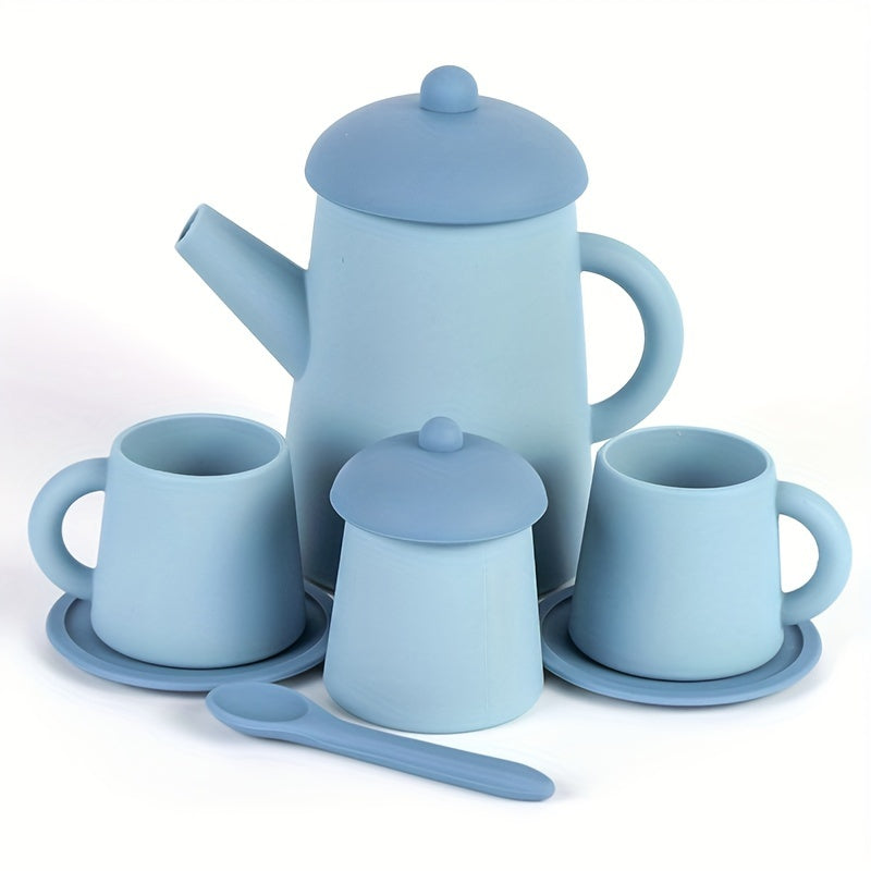 Set of silicone kitchen toys free of BPA, including a non-toxic tea cup. Perfect for pretend play for baby, children, and kids. Ideal for girls and boys, these soft silicone feeding cups also serve as early education toys. Includes miniature items and